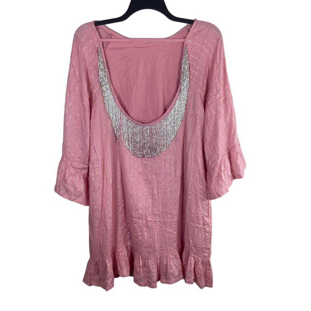 Boston Proper Dress Womens Large Pink Gold Striped Beaded Silver Fringe Low Back